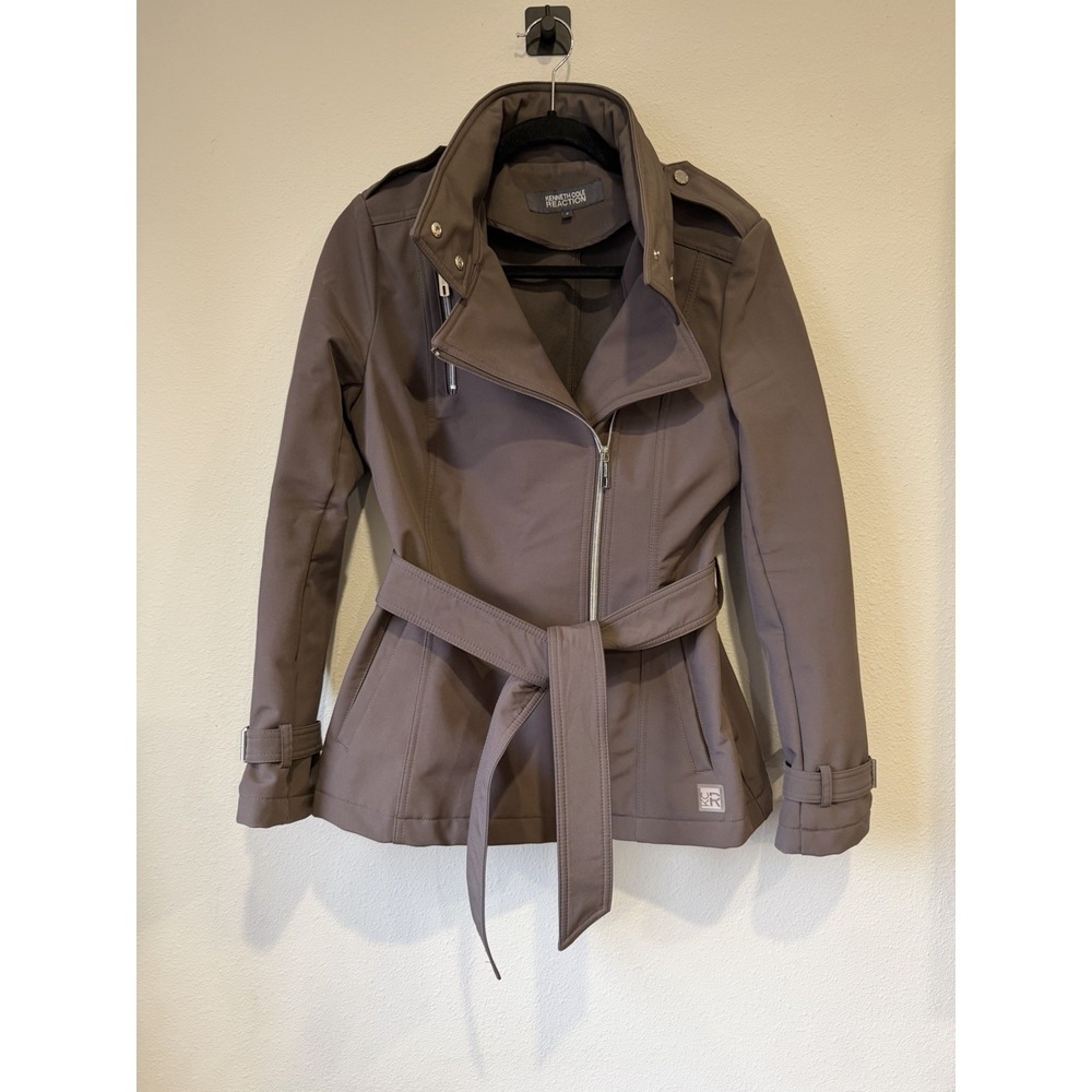 Kenneth Cole Reaction Jacket Women's Small‎ Full Zip Mock Neck Tie Waist Black